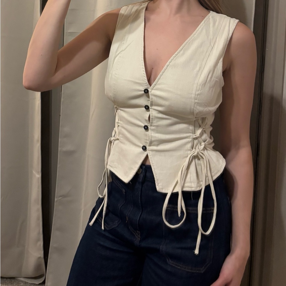 Princess Polly Cream Lace-Up V-Neck Button Front Vest